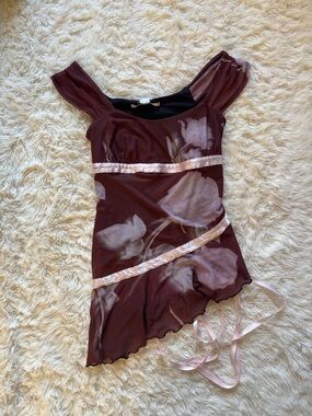 Y2K Style Kimchi Blue Burgundy Mesh Top with Pink Trim